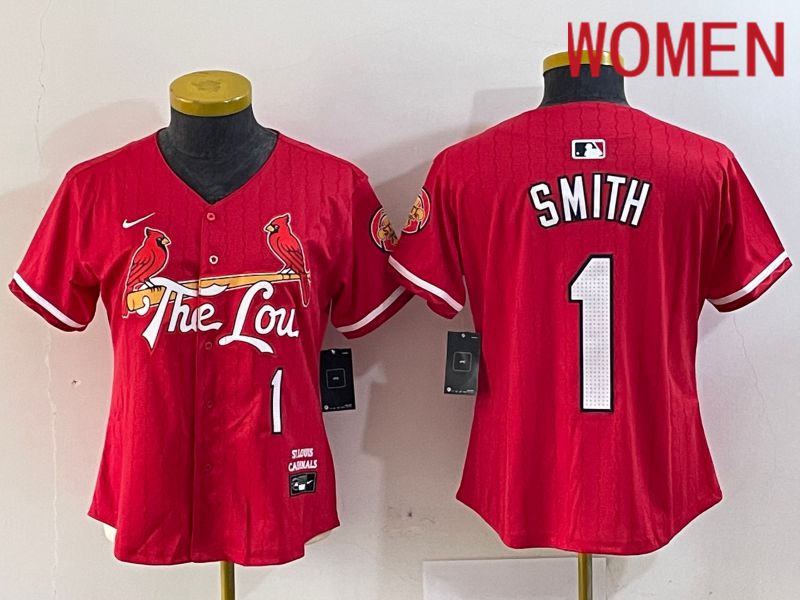 Women St.Louis Cardinals #1 Smith Red City Edition 2024 Nike MLB Jersey style 1->women mlb jersey->Women Jersey